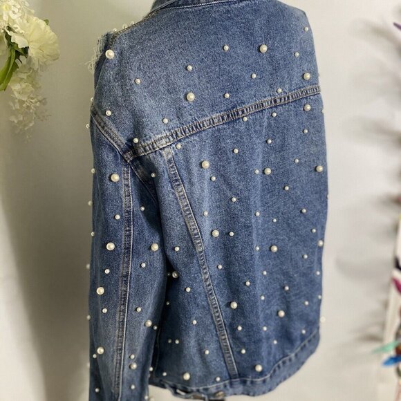Sunset + Spring Denim Jacket Pearl Embellishment Bride Embroidered Size L NWOT - Picture 8 of 16